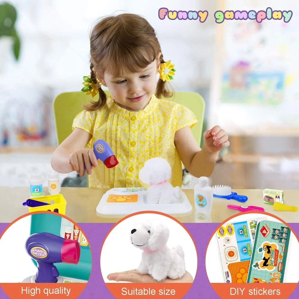 Kids Pet Grooming Playset - Pretend Dog Care Toy with Carrier Backpack, 16-Piece Vet Doctor Kit - Gift for Boys & Girls Ages 3-8