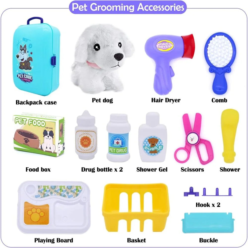 Kids Pet Grooming Playset - Pretend Dog Care Toy with Carrier Backpack, 16-Piece Vet Doctor Kit - Gift for Boys & Girls Ages 3-8