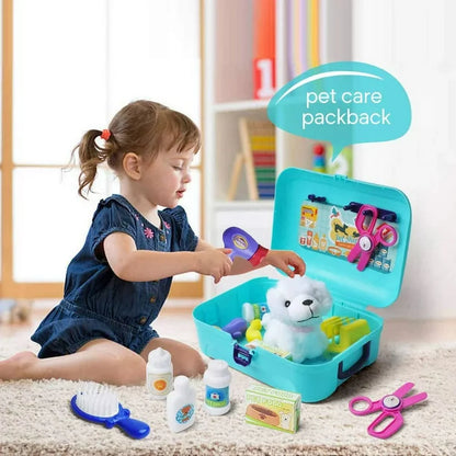 Kids Pet Grooming Playset - Pretend Dog Care Toy with Carrier Backpack, 16-Piece Vet Doctor Kit - Gift for Boys & Girls Ages 3-8