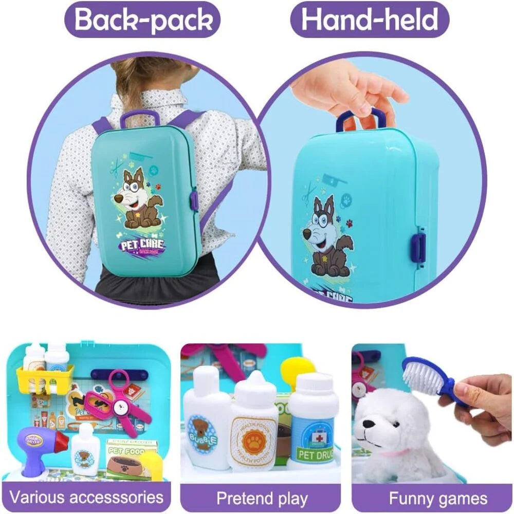 Kids Pet Grooming Playset - Pretend Dog Care Toy with Carrier Backpack, 16-Piece Vet Doctor Kit - Gift for Boys & Girls Ages 3-8