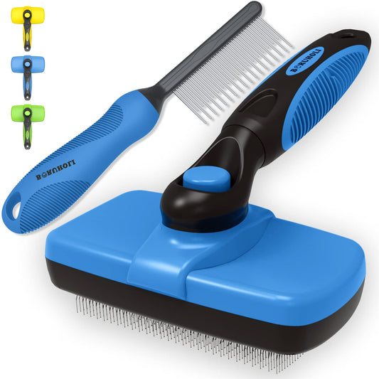 Self-Cleaning Slicker Dog/Cat Brush and Comb Kit,Cat/Dog Brush and Comb for Shedding and Grooming Long/Short Hair and Large/Small Dogs, Cats, Rabbits, Pets - Dematting Comb. (Blue)